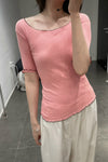 BASERANGE Round neck ruffled ribbed cotton T-shirt TOPA series collection France BAS-TOPA-RBV-WI22-FENHONG Pink TOPA-RB-000